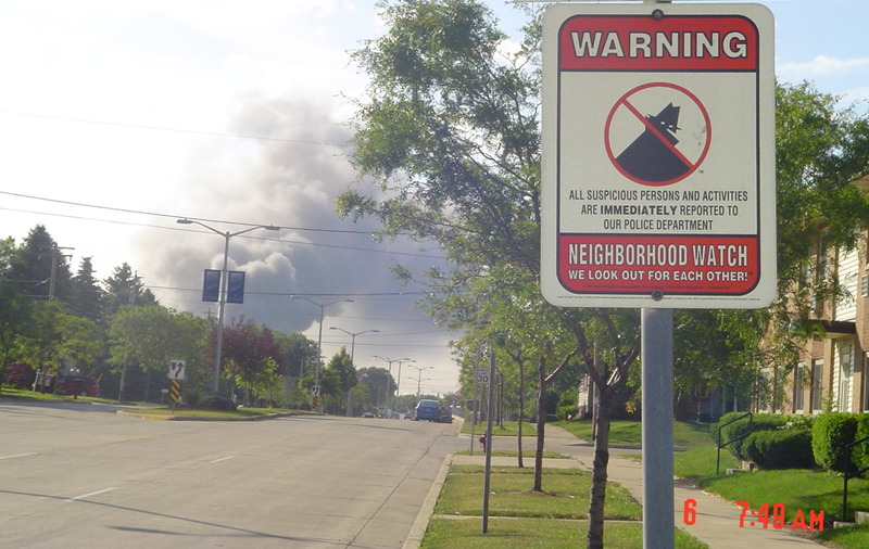 St. Francis, WI: July 6, 2009 View of Patrick Cudahy Fire from corner of Brust + Whitnall Ave.