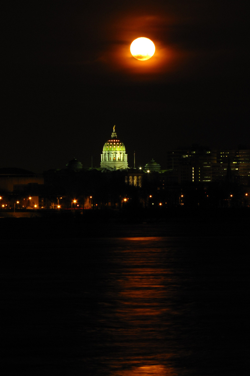 Harrisburg, PA: Super Moon Over Harrisburg 3 - Over the capitol rotunda, Harrisburg, PA. A nice reflection off of the Susquehanna River too.