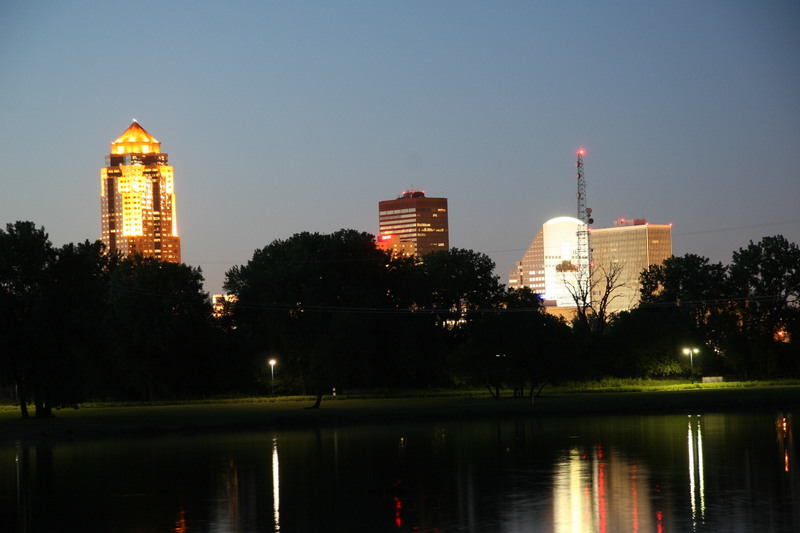 Des Moines, IA: evening DM skyline, taken from the Gray's Lake boat rental building.