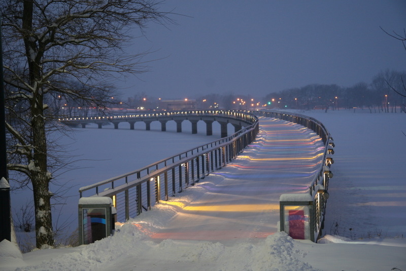Des Moines, IA: looking west, at snow covered Gray's Lake bridge, 1-11-2011, 7:25 am