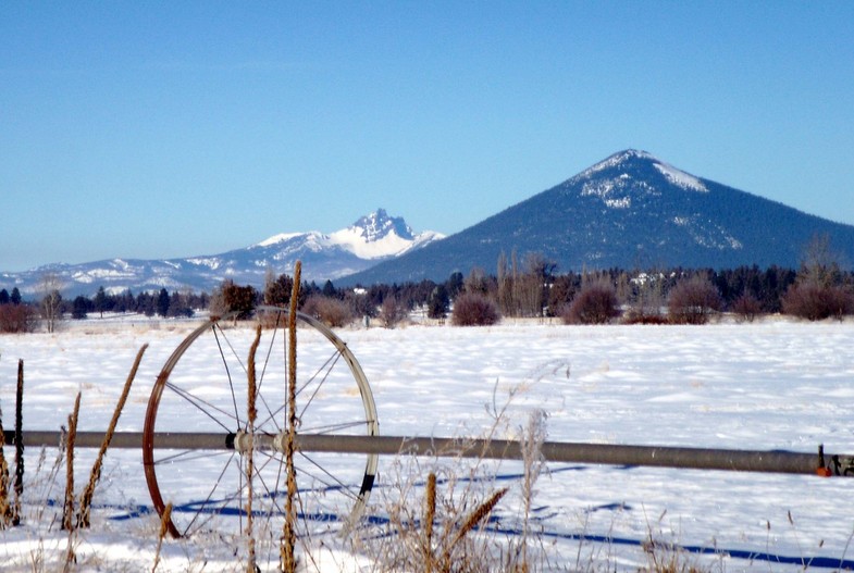 Redmond, OR: Mount Jefferson behind a snow-covered field
