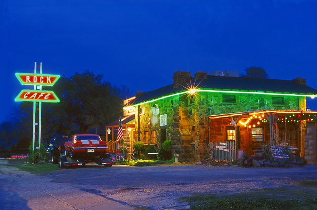 Stroud, OK: The famous Rock Cafe at night.