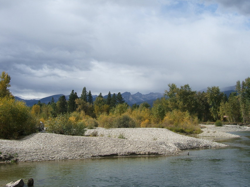 Victor, MT: The Bitterroot River in the fall from Bell Crossing Bridge