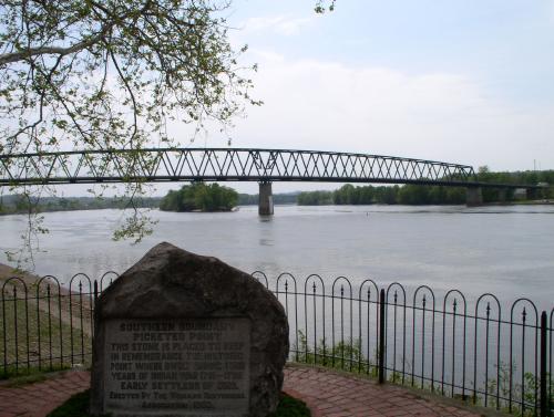Marietta, OH: View of Ohio River from marker in front of historic Lafayette Hotel
