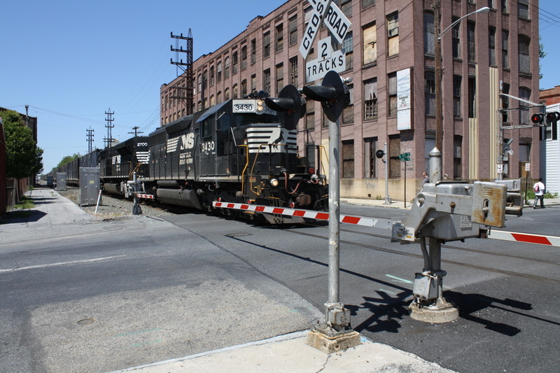 Lebanon, PA: Eastbound trailer train crossing 9th Street which will soon be replaced with an overpass