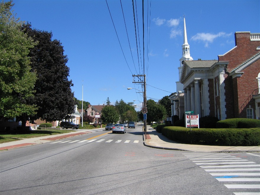 Danielson, CT: Main Street Danielson looking north,church,bank and library