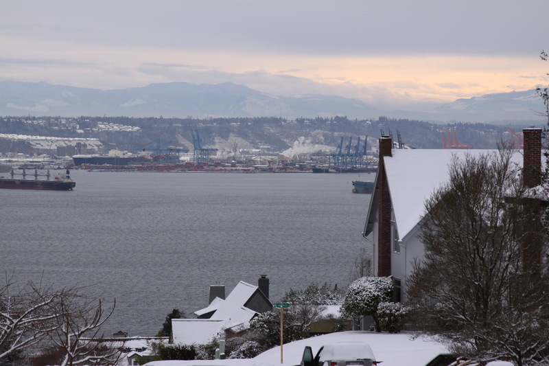 Tacoma, WA: Snow in Tacoma overlooking Puget Sound & Port of Tacoma