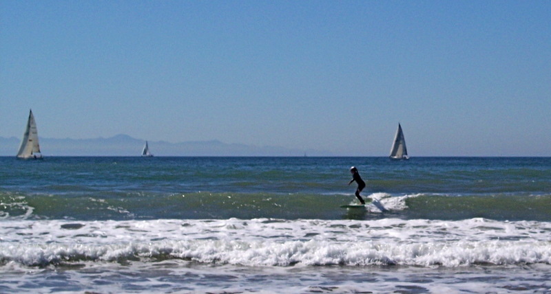 Channel Islands Beach, CA: surfer, sailboats, Channel Islands on oxnard beach