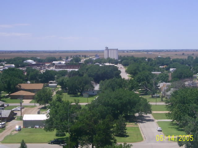Kiowa, KS: looking west over the city at harvest time