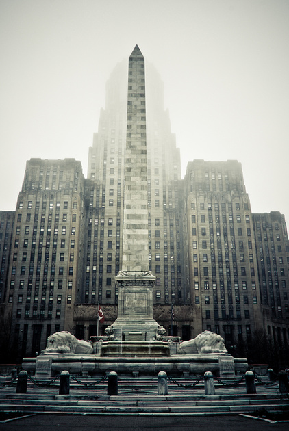 Buffalo, NY: City hall on a foggy day.
