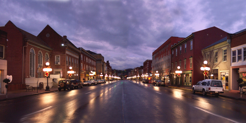 Lock Haven, PA: Pan of Downtown Lock early morning