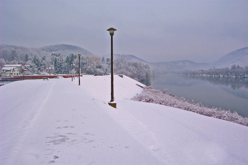 Lock Haven, PA: View of Susquehanna river upstream in winter