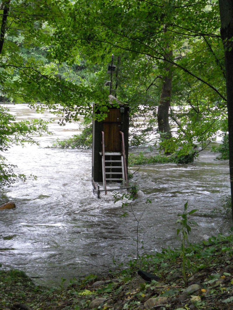 Seymour, CT: A picture of a service station in the woods at Stevenson Dam after Hurricane Irene