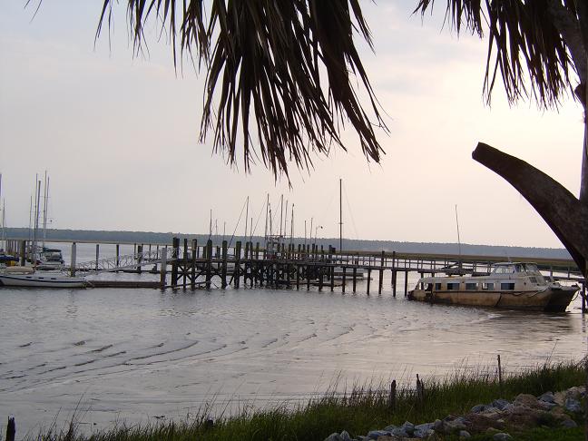 St. Marys, GA: Waterfront downtown St. Marys; old sunken boat at dock.