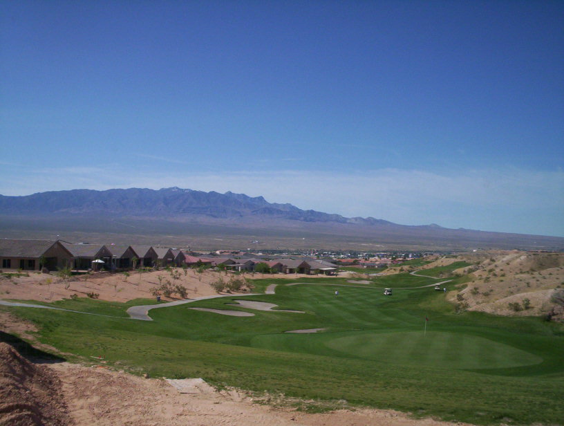 Mesquite, NV: Downtown Mesquite with Mt. Bangs and Surrounding Desert in the Background