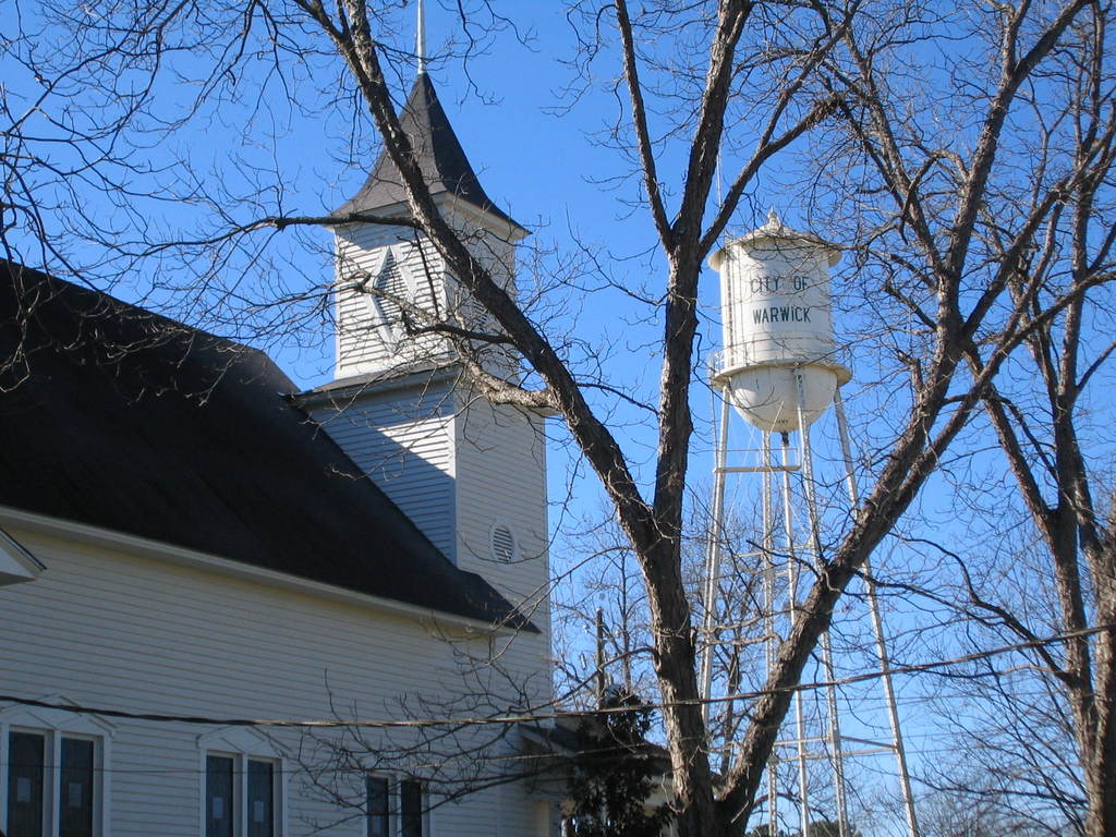 Warwick, GA: Church steeple and water tower through pecan branches, Warwick, GA