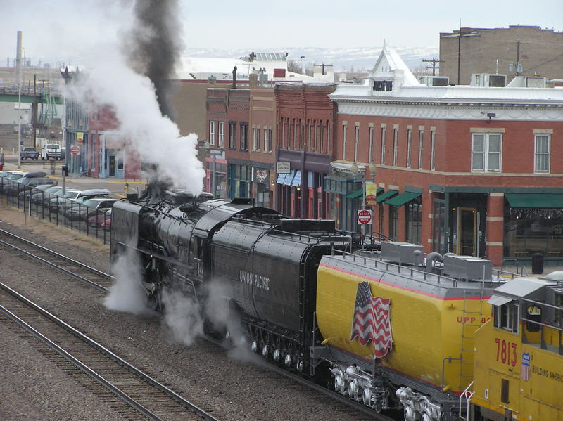 Laramie, WY: Union Pacific steam engine stopping in downtown Laramie