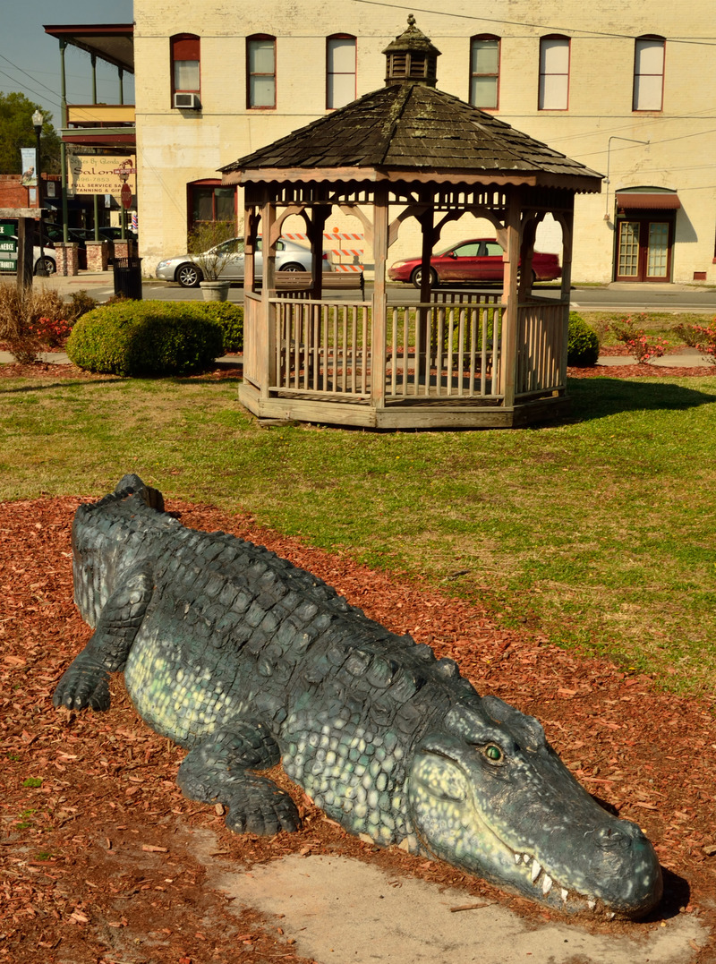 Folkston, GA: Alligator in the park welcomes visitors to Folkston and the Okefenokee region of Georgia