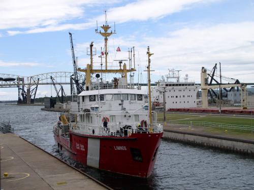 Sault Ste. Marie, MI: A ship passes through the locks on the St. Marys River