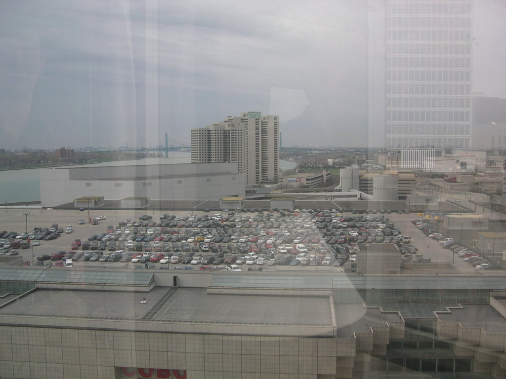 Detroit, MI: View of giant rooftop parking lot with the river in the backgroun from the Hotel Pontchartrain. Can you see your car?