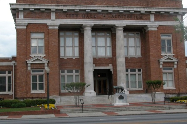 Rome, GA: Old City Auditorium with statue of Romulus & Remus.