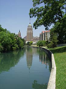 San Antonio, TX: View of downtown SA from the riverwalk.