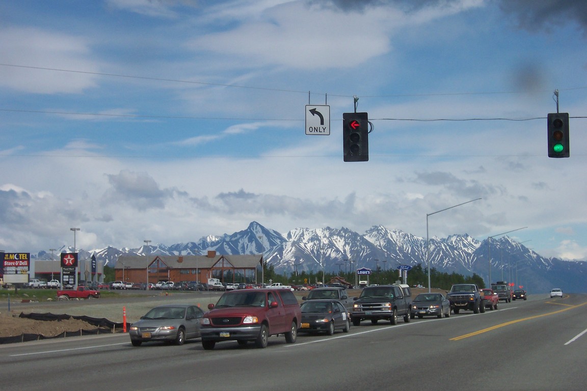 Palmer, AK: Traffic Light in Palmer with the Mountains in the Distance