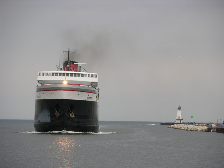 Ludington, MI: Badger Ferry returning to Ludington at dusk