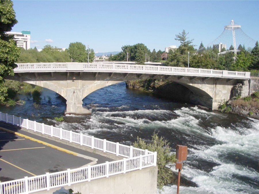 Spokane, WA Spokane River from patio of Clinkerdaggers restaurant w/Howard St. Bridge photo