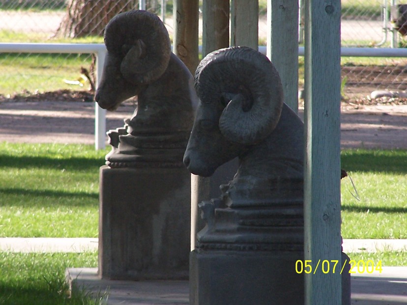 Merino, CO: Rams Statues at entrance to Town Park Pavilion