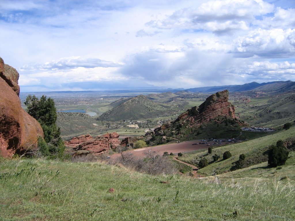 Genesee, CO: Red Rocks Park, facing south, looking down on the upper parking lot