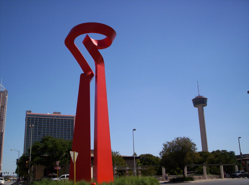 San Antonio, TX: Modern art with Tower of the Americas in background