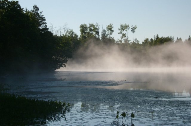 Lake Tomahawk, WI: A foggy dawn on Pier Lake in Lake Tomahawk, WI