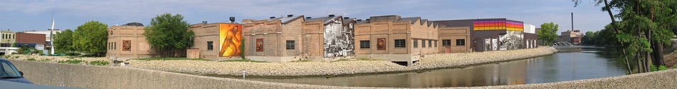 Beloit, WI: Panorama - Beloit Iron Works Facility Murals along the Rock River in Downtown Beloit