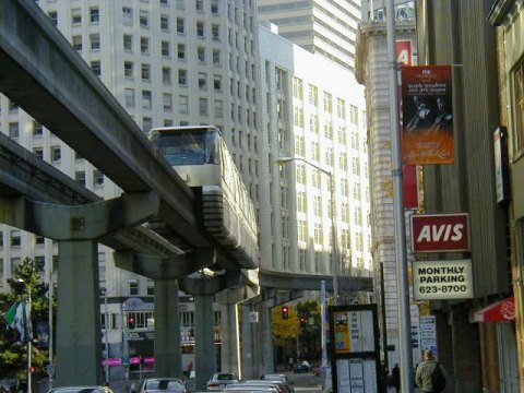 Seattle, WA: Monorail on Fifth Avenue, going to Westlake Station