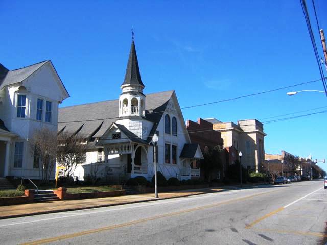 Americus, GA: Presbyterian Church and Old Carnegie Library, South Jackson St, downtown Americus