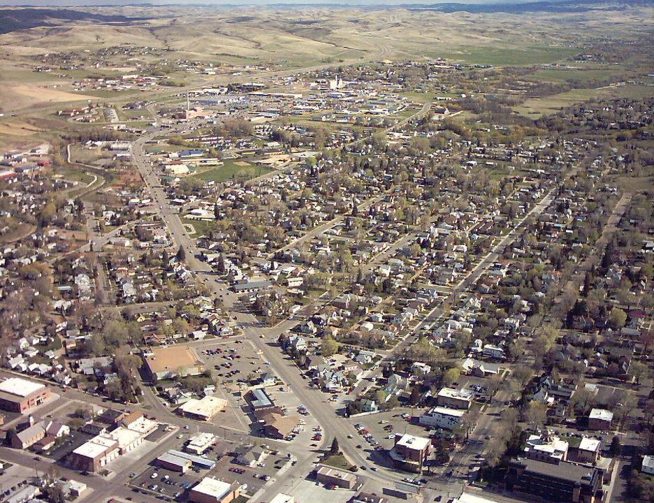 Sheridan, WY: Aerial view of Sheridan, Wyoming - facing Southeast