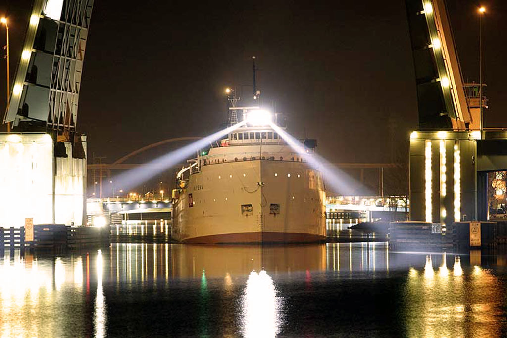 Green Bay, WI: Ship in downtown Green Bay on the Fox RIver at night