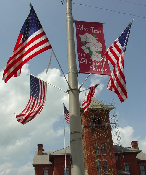 Fredericktown, MO: Flags with deployed soldiers names on banners posted in downtown Fredericktown