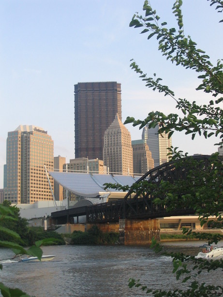 Pittsburgh, PA: Downtown view from walking trail along River Rd.