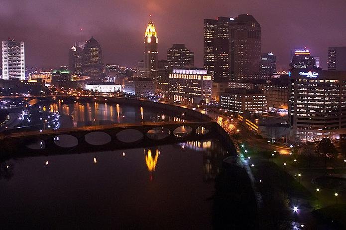 Columbus, OH: The beautiful, elegant downtown Columbus riverfront at night time.