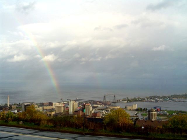 Duluth, MN: Shot of rainbow over downtonw Duluth from Skyline Drive