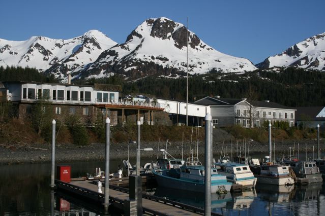 Cordova, AK: View from harbor towards town & Reluctant Fisherman Inn