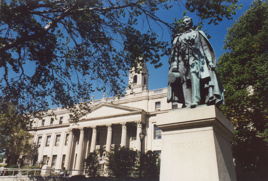 East Orange, NJ: Shot of East Orange City Hall and Lincoln statue in the foreground