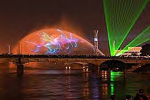 Dayton, OH: RiverScape - Dayton Outdoor Laser Shows Riverside Bridge.