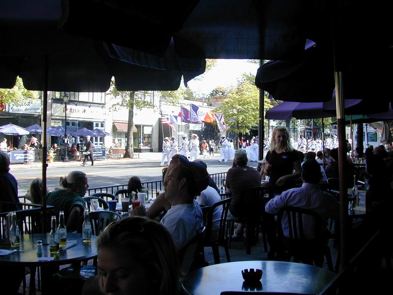 White Plains, NY: Sidewalk diners take in parade on Columbus Day 2007
