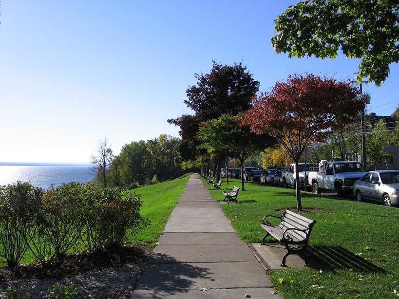 Geneva, NY: View along Main Street sidewalk along Seneca Lake