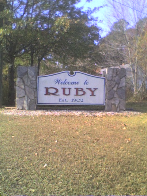 Ruby, SC: closeup of Ruby welcome sign on Hwy 9