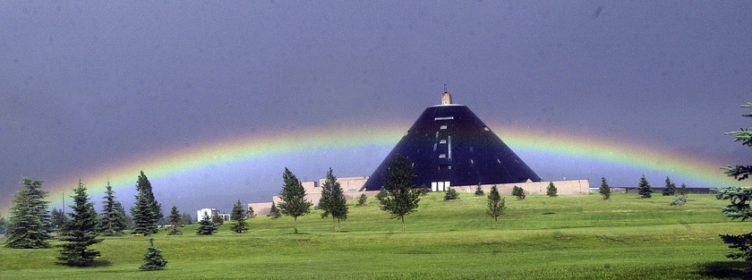 Laramie, WY: Rainbow over the Centennial Complex Building, which houses the UW Art Museum and American Heritage Center