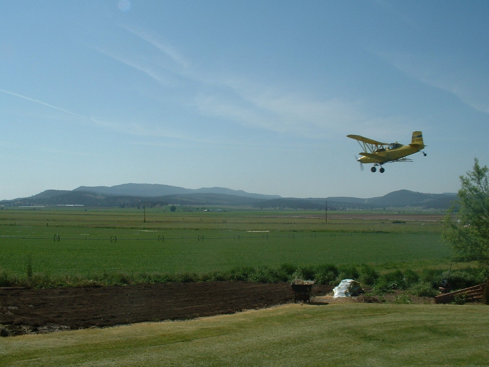 Bonanza, OR: spray plane spraying a field